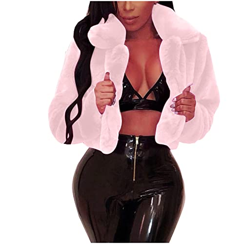 Faux Fur Jackets For Women Winter Warm Fluffy Fleece Crop Outerwear Oversized Soft Coats Jacket Trendy Short Tops Pink #TOP4