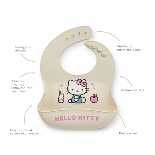 JuJuBe Hello Kitty Silicone Baby Bib, Food-Grade BPA-Free Silicone, Dishwasher-Safe with Deep Catch Pocket, Adjustable Ouch-Free Fasteners, Keeps Baby Clothes Clean & Dry, Babies 4 Months+