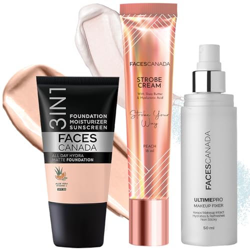 Image of FACES CANADA Glass Skin Glow Kit: Hydra Matte Foundation -Rose Ivory (18ml) + Strobe Cream - Peach (18ml) + Makeup Fixer (50ml) | Illuminating & Glowing Makeup Base | Long Lasting Makeup Setting Spray