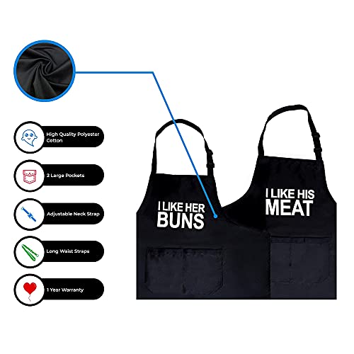 Funny Couple Aprons (2 Pack) & Gift Bag - I Like Her Buns, I Like His Meat, Kitchen Couple Apron For Girlfriend, Boyfriend, Best Friend - Birthday, Engagement, Anniversary, Wedding Gift Idea - Forkit #TOP6