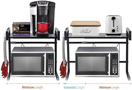 Nisorpa Expandable Microwave Oven Rack 2 Tiers Kitchen Counter Shelf Adjustable Organizer Stand with 4 Hanging Hooks Adjustable Counter Shelves Storage Holder Black 46-60cmx36.5cmx42cm