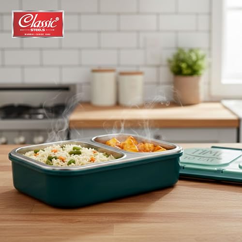 Image of Classic Steels Bento Duo Lunch Box for Kids 600ml, 2 Compartment Stainless Steel Tiffin Box, Leak Resistant, BPA Free, School Lunch Box - Green