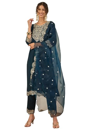Image of VredeVogel Kurta Set with Dupatta | Viscose Rayon Embroidered Kurta Set for Women | Women's Ethnic Casual Kurti Set |Kurta Pant Festive Suit