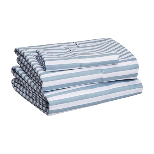 Image of Amazon Basics Breathable, Brushed Microfiber Wrinkle Resistant 3 Piece Bed Sheet Set with 14-Inch Deep Pockets, Twin, Dusty Blue Pinstripe, Printed