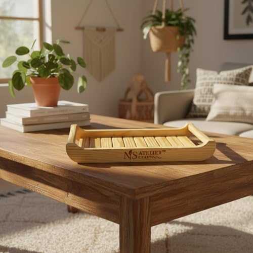 Image of Pine Wood Serving Tray Set of 2 with Handles | Medium 15x10x2.25 & Large 18x12x2.25 Inch | Multipurpose Wooden Breakfast, Tea, Coffee, Food Tray | Natural Finish