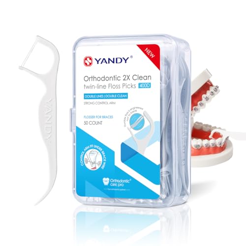 YANDY Braces Floss Picks Orthodontic Dental Floss Sticks Twin-Line Flosser for Braces Unflavored 50 Count Special Design for Orthodontic Patients Oral Cleaning