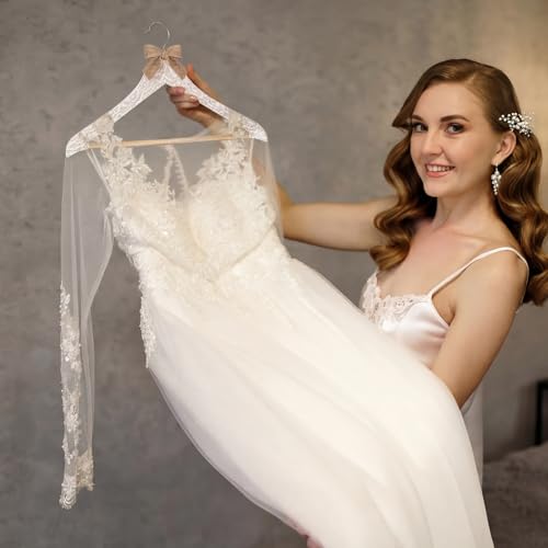 Wonderjune White 10 Pcs Bride Hanger for Wedding Bride Groom Bridesmaid Ribbon Bow Pearl Hanger Wood Color Elegant Wooden Dress for Bridal Shower Tuxedo Photo Keepsake Party Gift (Lace Linen) by Wonderjune - Used condition - Image 4