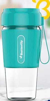 Butterfly FLASH Nutri-Blender Portable | Usb Charging | Smoothie Maker | 6- leaf Ss Blades | Battery Operated Rechargeable Blender | 300Ml | Compact Size | Cyan, In Built Jar, 40 Watts