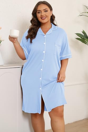 Image of Vozanet Women Button Down Nightgown Plus Size Nursing Nightshirt Boyfriend Nighty Bridal Sleepdress with Pockets XL-5XL