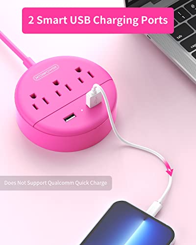 Pink Extension Cord 25ft, NTONPOWER Flat Plug Power Strip with Long Extension Cord, 3 Outlet 2 USB Compact Desktop Charging Station Wall Mount for TV Living Room, Dorm, Office and Nightstand — view 3