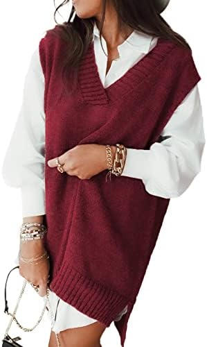 EVLAESS Plus Size Sweater Vest Women V Neck Sleeveless Red Knit Sweaters Womens Fall Solid Color Irregular Hem Loose Pullover Sweater Large