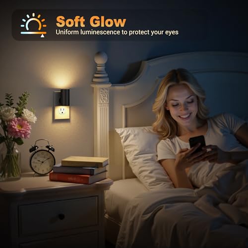 Image of JandCase LED Night Light Plug in, Rotating Night Lights Plug into Wall [4 Pack], Dusk to Dawn Sensor, 2 Level Brightness Adjustable Nightlight, Warm White 3000K, for Bathroom Bedroom Hallway Stairs