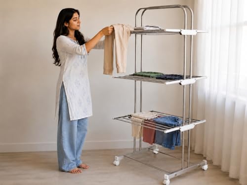 Image of KITCHIVO 3 Tier Rolling Clothes Drying Rack with Wheels, Stainless Steel Laundry Organizer and Garment Dryer Stand for Home, Balcony and Utility Room (3-Tier S.S)