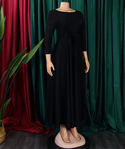 Image of SOMTHRON Women's Casual 3 /4 Sleeve Long Maxi Dress A-Line Flared Solid Wrap Tie Waist Swing Dresses