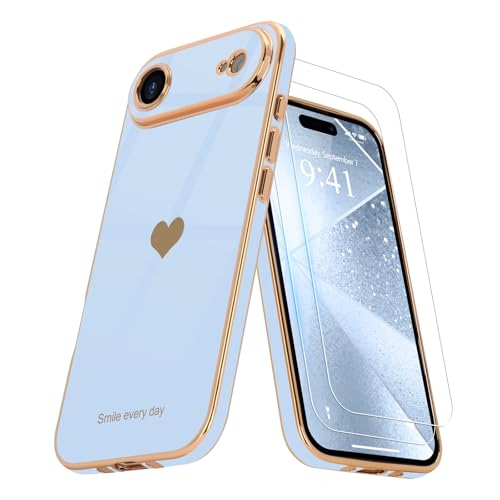 Teageo for iPhone Air Case with Screen Protector [2 Pack] Girl Women Cute Girly Love-Heart Luxury Gold Soft Cover Camera Protection Shockproof Phone Case for iPhone Air, Light Blue by Teageo - Used condition - US$5.16