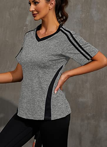 Hocosit Women's Yoga Tops Activewear V Neck Workout Shirts Exercise Running Dry Fit Tee Grey #TOP1