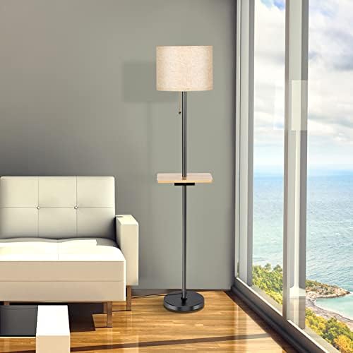 COSTWAY Floor Lamp, Modern Standing Lamp with Shelf Plate, Dual USB Charging Ports, Pull-Ring Switch and Fabric Lampshade, Idea for Living Room Bedroom Bedside Office (32 x 32 x 153cm)