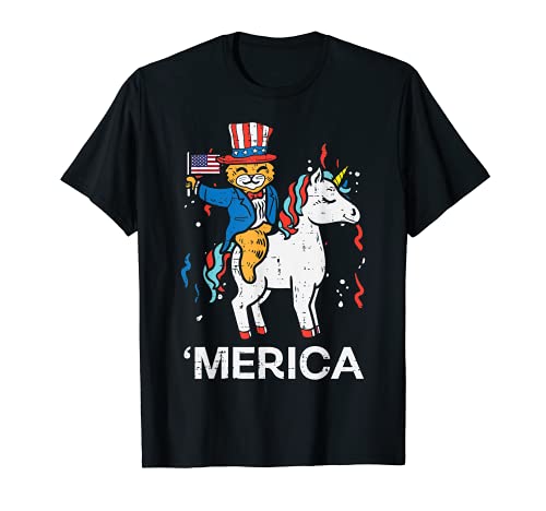 Merica Cat Unicorn American Flag 4th Of July Animals Girl Maglietta