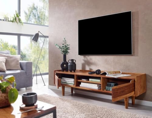 Image of Solid Wood TV Unit for Living Room 55 Inch Furniture - Wooden TV Unit with Storage Cabinet with 2 Door, 2 Open Shelves Wooden TV Cabinet for Living Room - Fits up to 55-Inch TV (Adam)