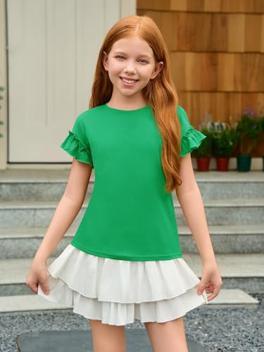 Image of Haloumoning Girls Ruffle Short Sleeve T Shirts Kids Summer Crewneck Tops Cute Tees Blouse 5-14 Years
