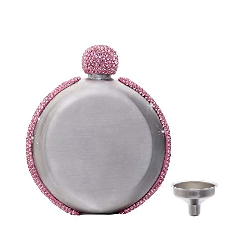 Hip Flasks 5OZ Smooth Crystal Bling Blings Stainless Steel Wine Alcohol Liquor Flask Sliver with Rhinestones Lid Party Women Girls (Pink)