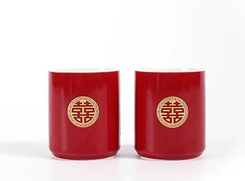 Double Happiness Porcelain Red Wedding Tea Set, Wedding Tea Service Set, Chinese Traditional Tea Set for Wedding Birthday Housewarming Awards 2 Tea Cups Only