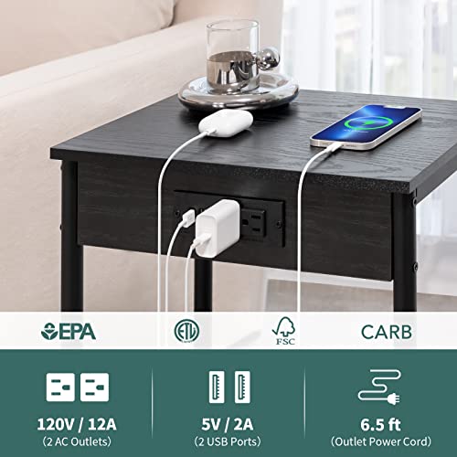 Yoobure Side Table With Charging Station, End Tables Living Room Set Of 2, Industrial 2 Tier Nightstand With Usb Ports, Rustic Narrow Bedside Table With Storage Shelf For Bedroom, Office, Small Spaces #TOP4