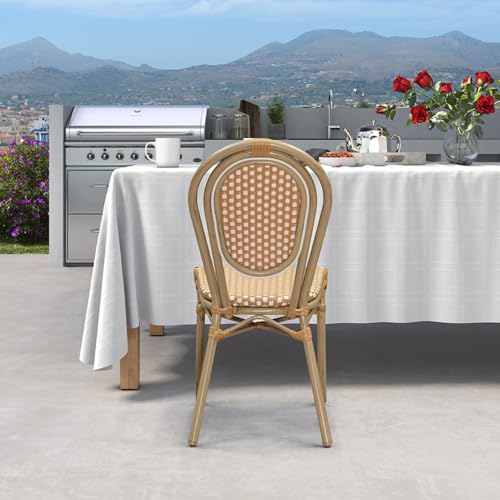 Image of PURPLE LEAF Patio Dining Chair Set of 1 Champagne Finish Amber White | French Weave Timeless Appeal, Two-Tone Weave Refined Style, PE Rattan Easy Outdoor Care, Coated Aluminum Lasting Use, Armless