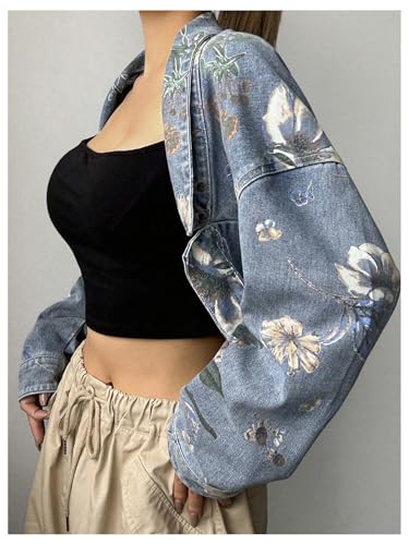 WDIRARA Women's Floral Print Open Front Cropped Denim Jacket Y2k Long Sleeve Jean Coat2