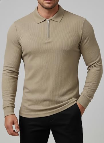 Image of Mack Jonney Men's Premium Ribbed Half-Zip Polo T-Shirt | Long Sleeve Soft Stretch Fabric | Stylish Casual & Smart Wear Top-M6783