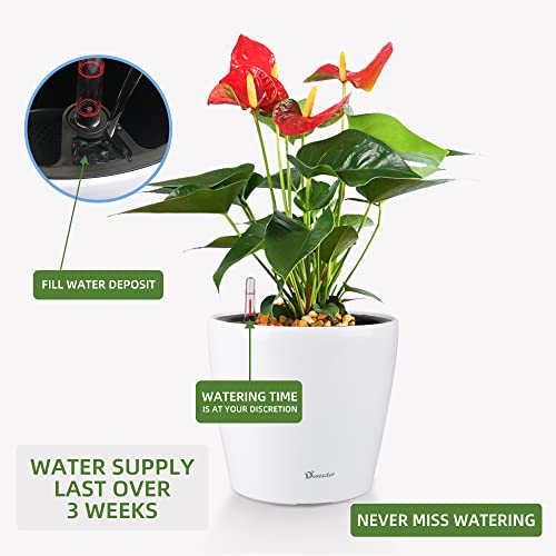 Dexceder 9X8 Inches High Gloss Self Watering Planter Indoor Outdoor, Inner Pot Design, Thickened Table Flower Plant Pot With Water Level Indicator (White) #TOP4