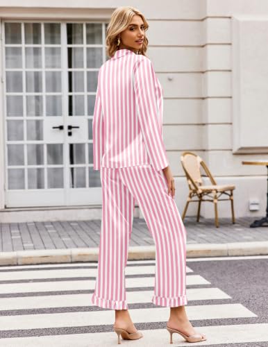 Ekouaer Silk Satin Pajamas Set Womens Long Sleepwear Button Down 2 Piece Classic Soft Loungewear Pjs Set Pink Striped Medium — view 5