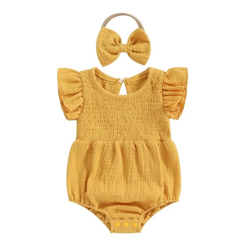 Newborn Baby Girl Bubble Romper Ruffle Sleeve Smocked Jumpsuit with Headband Cute Infant Summer Clothes 0 3 6 12 18 Months (Yellow, 12-18 Months)