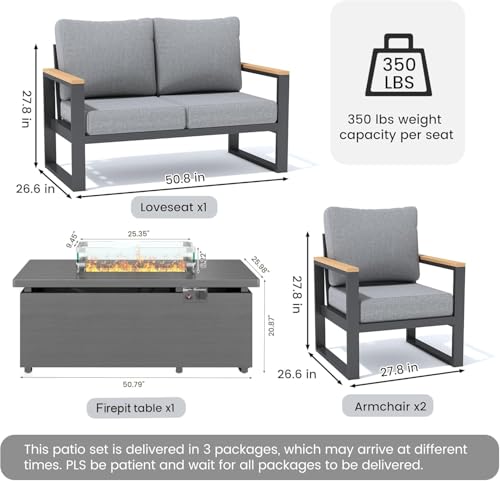 Image of Sundale Outdoor Aluminum Patio Furniture Set, 4 Piece Outdoor Conversation Sets with Fire Pit and 6 inch Thick Olefin Cushions, All Weather Outdoor Sectional Set for Deck, Lawn, Yard (Grey)