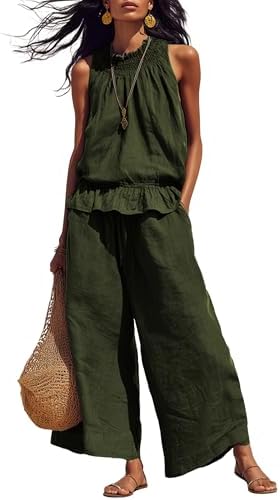 Tanming Women's Linen 2 Piece Outfits Sleeveless Ruffle Top Wide ...
