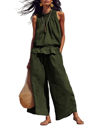 Tanming Women's Linen 2 piece Outfits Sleeveless Ruffle Top Wide Leg Pants Summer Loungewear Beach...