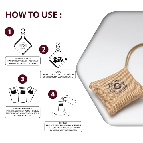 Image of DIFFUZE Camphor Bag Pro | 4-in-1 Air Freshener & Purifier for Car, Closet, Bathroom | Camphor infused with Herbs, Lavender & Sandalwood + Activated Charcoal | Luxury perfume for car and home (Beige)