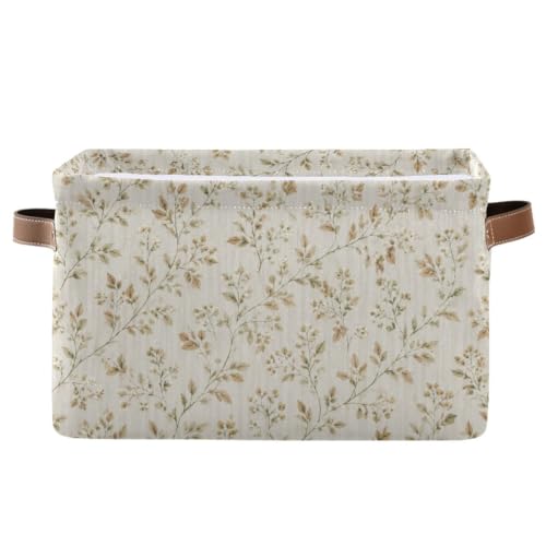 Leaves and Delicate Flowers Storage Basket,Large Storage Bin Fabric Collapsible Organizer Bag with Handles 15x11x9.5 inch
