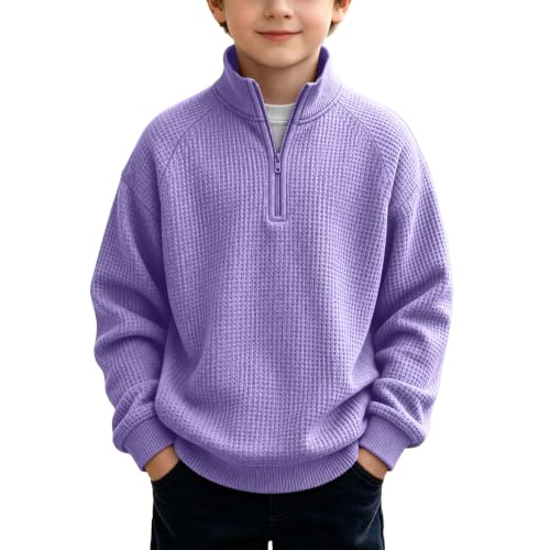 Boys Waffle Knit Quarter Zip Sweatshirts Fashion Long Sleeve Pullover Tops