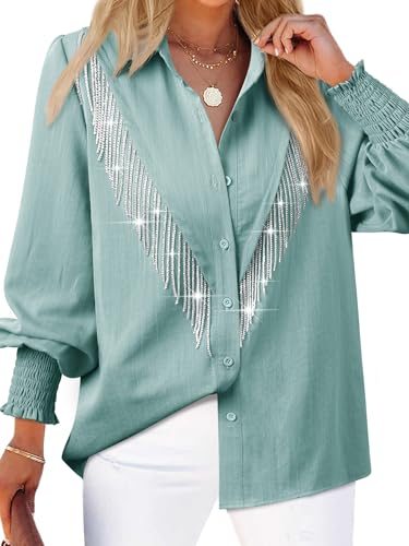 MYMORE Womens 2026 Western Cowgirl Rhinestone Fringe Shirt Blouse Sparkly Long Sleeve Button Down Shirt Jacket Dolly Costume Parton Nashville Cowboy Rodeo Country Concert Outfit Costume Turquoise XL