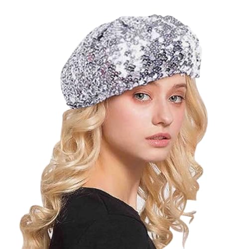 AIBEARTY Women Girls Sparkly Sequin Beret Hat Fashion Fun Stretch Beanie Cap Headwear for Festival Party Club Halloween (Silver)