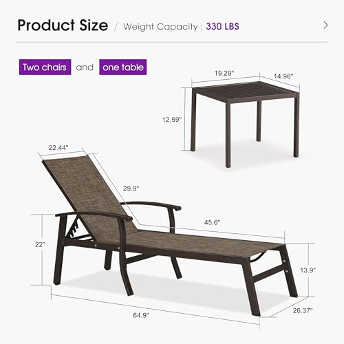 PURPLE LEAF Patio Chaise Lounge Chair Set of 3 Outdoor Bronze Frame, Brown — view 2