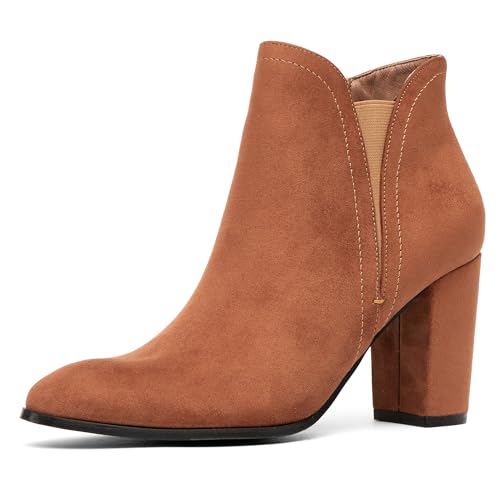 NEWBELLA Women's Suede Ankle Boots - Pointed Toe Chunky Heel Vintage Dress Booties