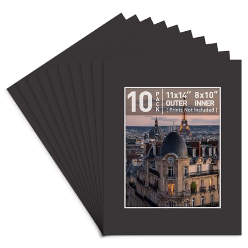 Golden State Art, Acid Free, Pack of 10 11x14 Black Picture Mats Mattes with White Core Bevel Cut for 8x10 Photo