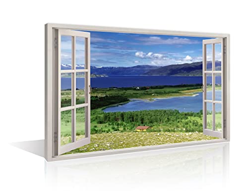TUMOVO Window Frame Style Bedroom Wall Art 1 Panels Open Window Panoramic View to River with Farmland and Mountains Norway Modern Home Decor Print on Canvas Framed Ready to Hang (24" Wx36 H)