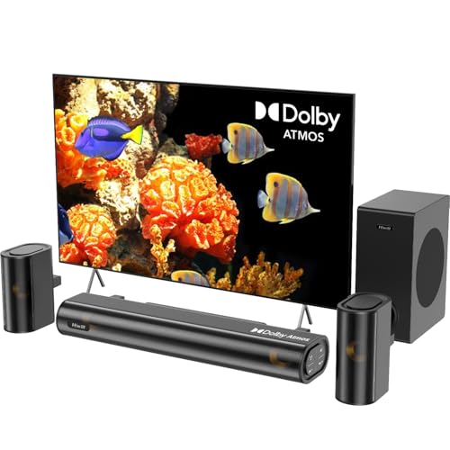 Hiwill 4.1 Dolby Atmos Soundbar, 300 W do Smart TV z subwooferem, 2 przednie głośniki przestrzenne, Soundbar do głośników TV, regulowany bas, HiElite A41