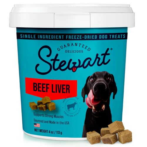 Stewart Snack per cani crudi liofilizzati monoingredienti, fegato di manzo, vasca richiudibile da 4 once, dolcetti da addestramento o topper per cani, ad alto contenuto proteico, senza cereali, senza