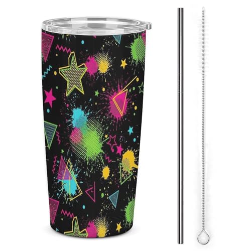 Meaudiwes 20 oz Insulated Tumbler with Straw and Lid Colorful Black Dots Geometric Stripes 80s 90s Style Coffee Mug Reusable Stainless Steel Travel Tumbler Cup for Hot and Cold Drinks