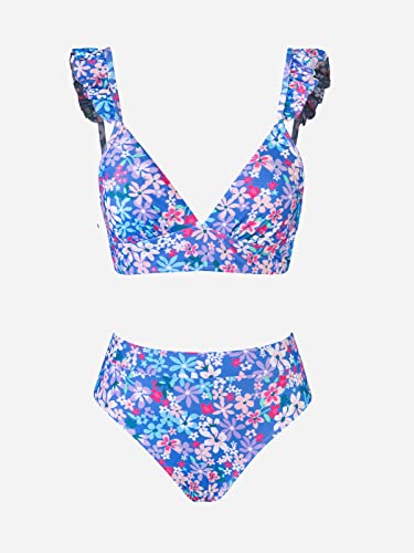 CUPSHE Women Bikini Sets 2 Piece Swimsuit High Waisted Bottom Floral Print Ruffle V Neck Bathing Suits Purple - Image 6