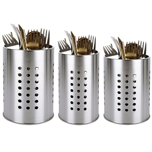 ZOFUN 3 Pcs Utensil Holders for Kitchen, 3 Sizes (S/M/L) Stainless Steel Cutlery Holder Set, Hollow Utensil Drainers Easy to Clean, Multi-function Cutlery Drainer for Kitchen Cupboard and Counters